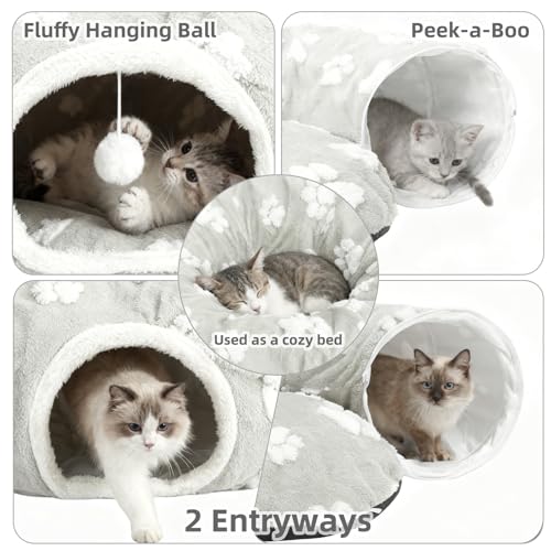 Cat Tunnel Bed for Indoor Cats- Cute Cat Dount Play Tunnel, Soft Plush Peekaboo Kitten Cave with Washable Cushion, Collapsible Multifunctional Round Pet Playground Toys for Kitty Small Puppy Rabbit - color: Gray Paw