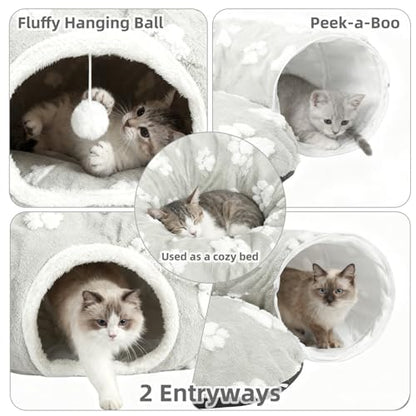 Cat Tunnel Bed for Indoor Cats- Cute Cat Dount Play Tunnel, Soft Plush Peekaboo Kitten Cave with Washable Cushion, Collapsible Multifunctional Round Pet Playground Toys for Kitty Small Puppy Rabbit - color: Gray Paw