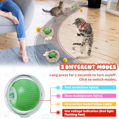 Interactive Cat Toy Ball,360° Self Rolling Cat Ball with Led Light,Rechargable Automatic Motion Activated Moving Toy with 3 Working Modes,Type-c Rechargeable