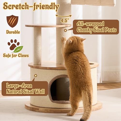 64.2" Modern Cat Tree for Indoor Cats, Solid Wood Cat Tower with Chunky Scratching Posts, 20" Roomy Condo, Cat Bed, Hammock, Capsule Nest, Interactive Squeaky Toy, Multi-Level Cat Furniture - color: 64.2"Natural