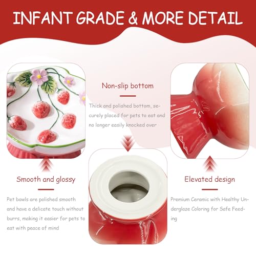 Ceramic Strawberry Elevated Cat Bowls, Tilted Raised Pet Dish for Anti Vomit, Spine Protection, Whisker Friendly - Excellent Raised Food and Water Bowl for Indoor Cats, Flat-Faced Cats (Red) - color: Red