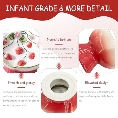 Ceramic Strawberry Elevated Cat Bowls, Tilted Raised Pet Dish for Anti Vomit, Spine Protection, Whisker Friendly - Excellent Raised Food and Water Bowl for Indoor Cats, Flat-Faced Cats (Red) - color: Red