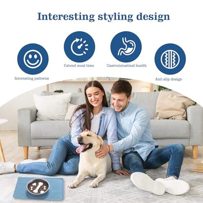 Stainless Steel Slow Feeder Dog Bowls – Non-Slip Metal Dog Bowl for Large & Medium Breeds, Puppy Puzzle Feeder – 2 Cup Capacity for Small to Big Pets – Durable Slow Feed Dog & Cat Food Dish with Mat - color: Bone&Heart With Mat-Blue
