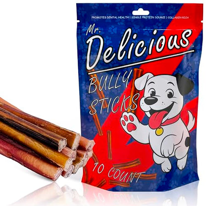 Bully Sticks for Dogs, 10 Count, 6 Inch Thin, Consistent Thickness, All Natural, Grass Fed, Rawhide-Free, Single Ingredient, Long Lasting Dog Chews