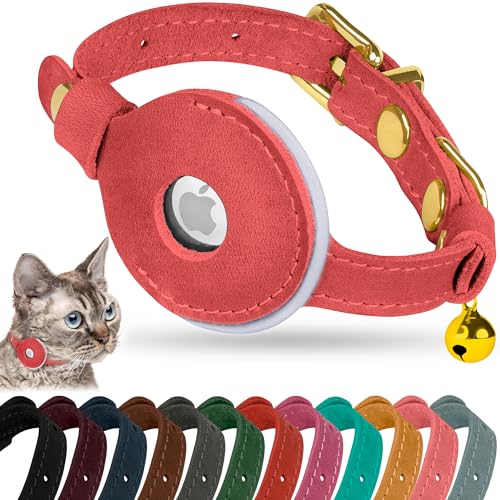 OOPSDOGGY Reflective Leather AirTag Cat Collar with Bell - Non Breakaway Adjustable Pet Collar with Apple Air Tag Holder - Lightweight GPS Kitten Collars for Small Dogs Puppy (Pink) - color: Pink