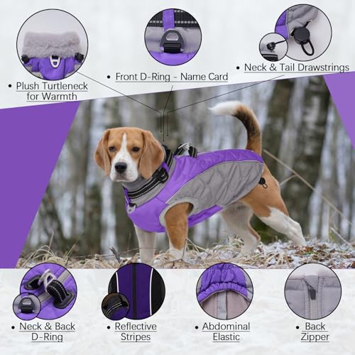Dog Jackets for Medium Dogs, Windproof & Water Resistant Winter Clothes with D Ring & Adjustable Buckles, Thick Fleece Vest, Zippered Warm Dog Coat-M Purple - color: Purple, size: Medium