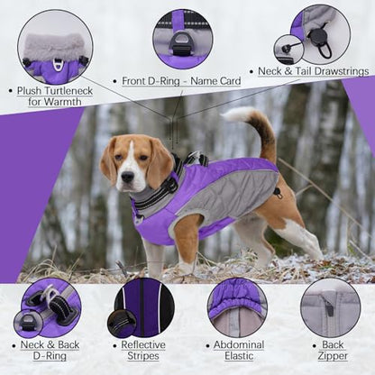 Zippered Small Dog Winter Coat, Turtleneck Reflective Fleece Jacket, Water Resistant Warm Dog Clothes with Buckles & D Ring for Leash and Name Card - XS Purple - color: Purple, size: X-Small