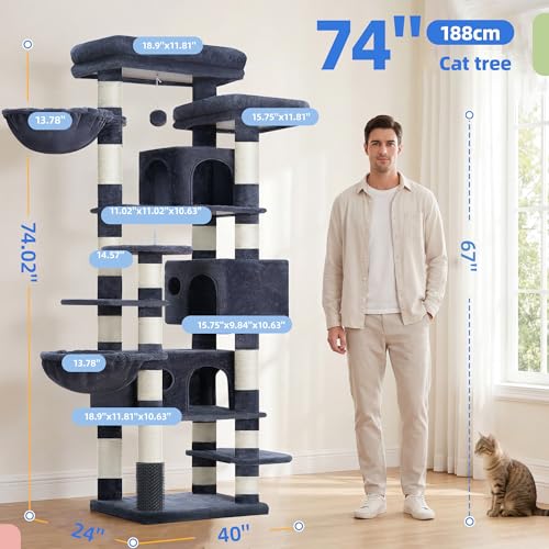Hey-brother Cat Tree, 74 inches Multi-Level XL Large Cat Tower for Indoor Cats with Three Cat Condos, Two Large Top Decks and Cat Hairbrushfor Kittens, Cats and Pets, Smoky Gray MPJ035-MG - color: Smoky Gray
