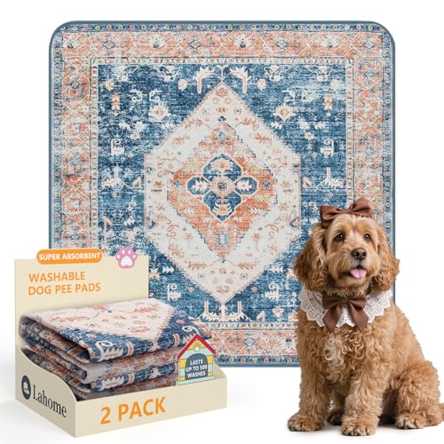 Lahome Super Absorbent & Leakproof Washable Dog Pee Pads - 2 Pack Value Set - Waterproof, Non-Slip Reusable Pads for Puppy Training, Crates & Whelping (24"x24", Beige Blue) - color: Beige Blue, size: 2FT x 2FT (Pack of 2)