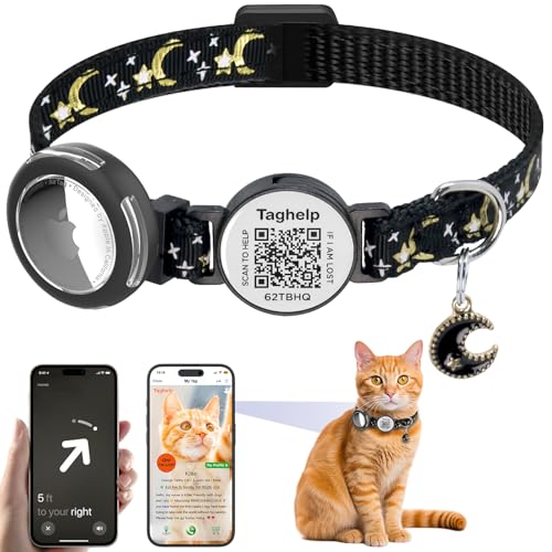 Waterproof Airtag Cat Collar Breakaway, Moons and Stars Safety Breakaway Cat Collars with Apple Airtag Holder with Qr Code, Adjustable GPS Tracker boy Girl Kitten Collar (Black B) - color: Stars & Moons - Black
