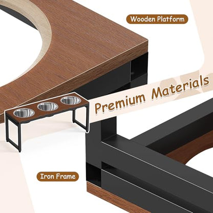 Elevated Dog Bowls Large Breed,Adjustable Raised Dog Bowl Stand,Stainless Steel 3 Bowl Dogs Feeding Station,12.5cup/101oz Each Food Water Bowl(Iron Holder,Wooden Platform,Grained Oak)