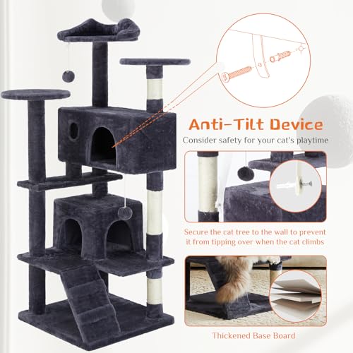 Sweetcrispy 54 Inch Cat Tree Tower, Multi-Level Tower with Cat Scratching Post, Indoor Cat Condo with Climbing Ladder, Plush Toy, Play House for Cat, Dark Grey