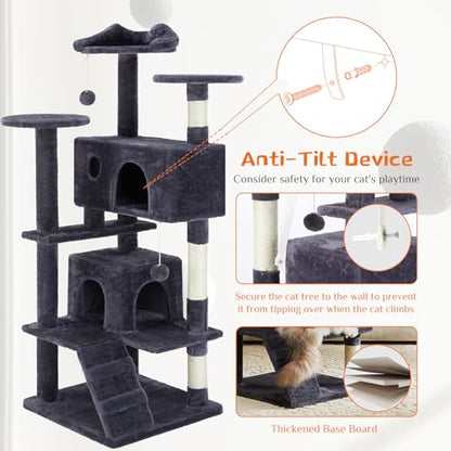 Sweetcrispy 54 Inch Cat Tree Tower, Multi-Level Tower with Cat Scratching Post, Indoor Cat Condo with Climbing Ladder, Plush Toy, Play House for Cat, Dark Grey