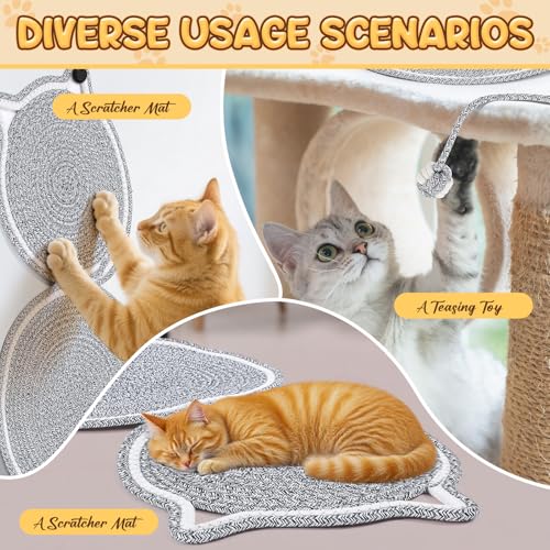 Shinylin 25.6 Inch Large Scratching Mat for Indoor Cats Natural Cotton Rope Flat Scratcher with Ear Hooks and Ball Toy Cat Scratch Rug Pad for Wall, Couch, Carpets, Sofas(Light Gray) - color: Light Gray