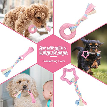 Petcare 6 Pack Puppy Chew Toys for Teething Cute Pink Puppy Toys Small Dog Toys Soft Rubber Rope Dog Toys Funny Bone Ball Cleaning Teeth Dog Chew Toys Puppy Teething Toys for Puppies Yorkie - color: Pink