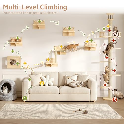 Floor to Ceiling Cat Tree, 22-in-1 Cat Wall Shelves with Multi-Level Cat Tower, Wood Cat Climbing Wall Systems for Indoor Cats, with Condo & Scratching Post, Cat Furniture Height (95-110")