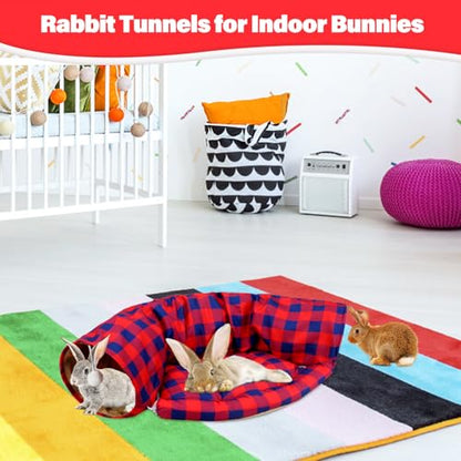 BWOGUE Bunny Tunnel Bed, 2-in-1 Collapsible Tunnel Tubes Toys with Removable Mat Hideout for Cats Kittens Rabbits Guinea Pigs Kitty (RedPlaid) - color: RedPlaid
