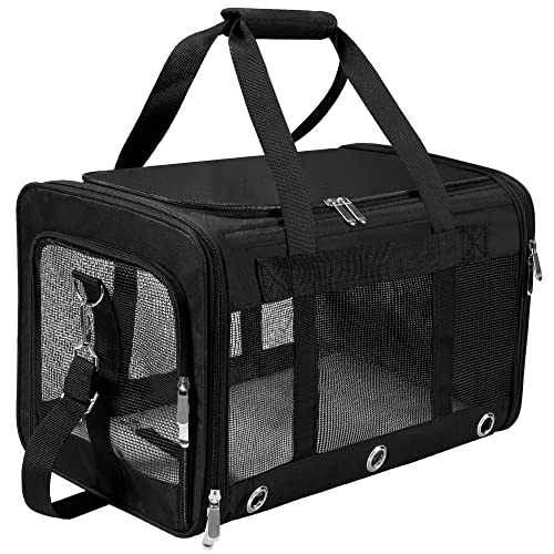 Soft Sided Cat/Dog Carrier,Collapsible Pets Travel Carriers for Pet/Puppy with Shoulder Strap & Removable Mat,Mesh Top Load Small Dogs/Cats Carry Bag Up to 17 Lbs TSA Airline Approved（Black,M） - size: M Black