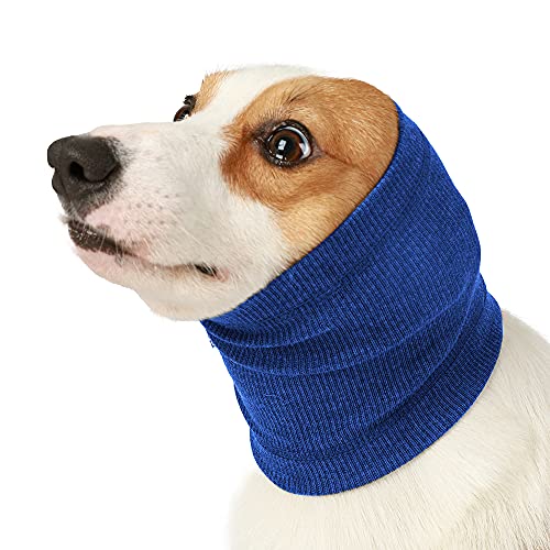 Meifsou Dog Calming Head Wrap, No Shake Quiet Ears for Dogs Anxiety Relief, Original Ear Covers Pet Calming Hoodie for Thunder, Lightning, Fireworks, Vet Visits, High Stretch Ribbed Fabric, Blue L - color: Blue, size: L(Head Circle:18.1"-29.9")