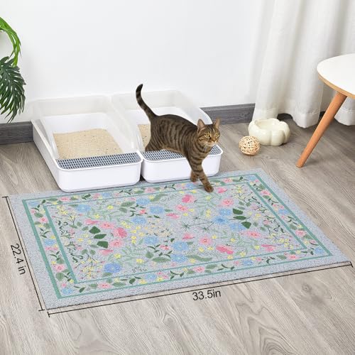 Glittme Cat Litter Mat with Non-Slip Bottom Litter Box Mat 33"X22" Litter Trapping Mat Easy to Clean Washable Cat Food Mat for Kitty,L - color: Blue-pink, size: 33"x22"