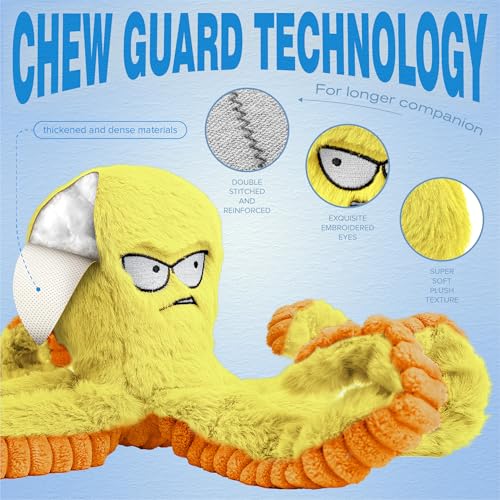 LEGEND SANDY Tough Dog Toys, Stuffed Chew Large Dog Toys to Keep Them Busy, Interactive Squeaky Tug of War Doggie Toy, Crinkle Yellow Octopus - color: Yellow Octopus