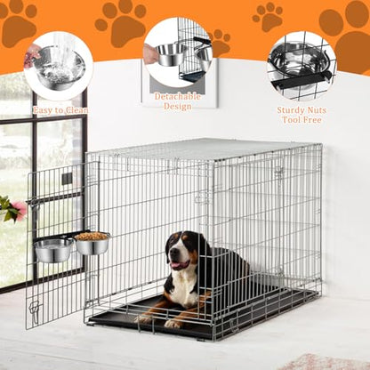 Dog Crate Water Bowl No Spill, ShineMe Dog Food and Water Bowl Set Mountable, Hanging Feeding Bowls for Dogs Cage - 28oz Crate Bowls for Small & Medium Dogs, Cats, Pets - color: 2 in 1 Silver (28oz+28oz)