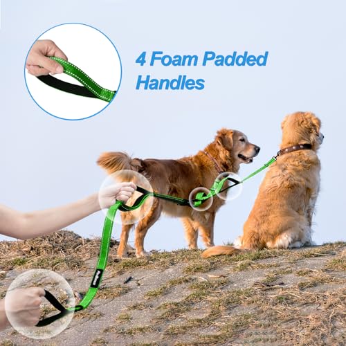 Double Dog Leash, No Tangle Dual Leash, Reflective Walking Training Lead, 4 Comfortable Padded Handles for 2 Dogs with Collapsible Bowl and Waste Bags (Grass Green, Large) - color: Grass Green