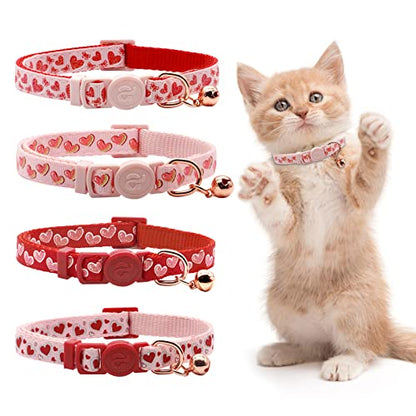 4 Pack Valentines Kitten Collar with Bell Valentines Day Breakaway Kitten Collars with Cute Heart Pattern Adjustable Size Suitable for Kittens - color: Valentine, size: Kitten(Neck:6"-8")