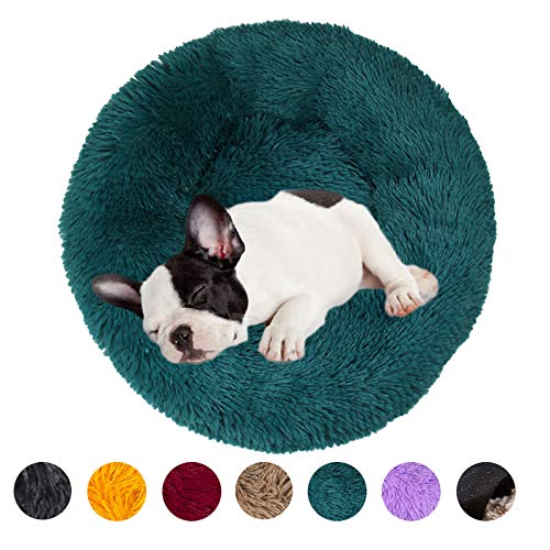 Plush Dog Bed Pet Calming Fur Bed, Fluffy Donut Round Cat Beds, Anti-Slip & Anti-Anxiety, 16 Inch for Puppy and Kitties, Teal, XS - color: Teal, size: XS - 16 inch