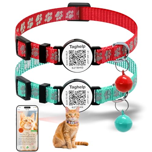 Smart QR Code Cat Collar 2-Pack - Digital Pet ID Tag with Breakaway Safety Design, Reflective Strips & Adjustable Fit for Lost Cat Recovery (Red & Green) - color: Paw pattern - Red & Green