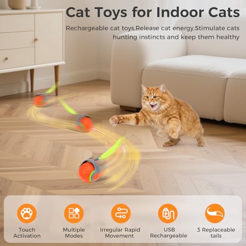 Automatic Interactive Cat Toy Ball with 3 Tails，Rechargeable Moving Cat Toy for Indoor Cats，Cat Toys Balls for Indoor Cats|Fun Interactive Cat Toys & Perfect Cat Gifts，cat ChaCe Toy，Motion Activated