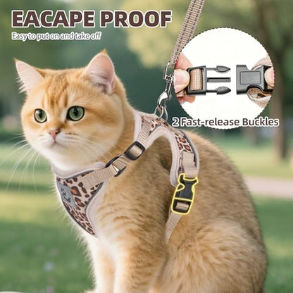 PUPTECK Cat Harness and Leash Set Escape Proof Reflective Cat Walking Harness Adjustable Soft Breathable Mesh Vest for Small Pets, Khaki Leopard Print, S - color: Khaki Leopard Print, size: S (NECK 9.5"-11", CHEST 13"-16")