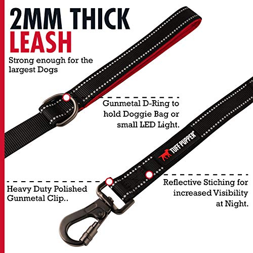 Tuff Pupper Heavy Duty Double Handle Leash | Twist Locking Carabiner Clip | Safety Lock for Strong Dogs | Reflective for Safe Night Walks | 6 Foot Leash | For Medium & Large Dogs - color: Epic Black