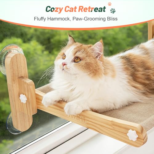 Large Foldable Cat Window Perch - Natural Pine Cat Sill Seat, 50LBS Heavy Duty Cordless Design, Space-Saving No-Scratch Window Hammock for Indoor Cats - size: Large