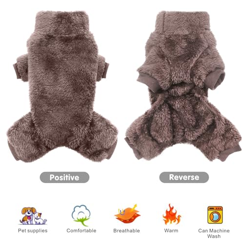 Idepet Velvet Dog Pajamas, Turtleneck Dog Sweater Fuzzy Plush Onesie Soft Cat Apparel Pet Clothes Winter Outfit Doggy Pjs Puppy Jumpsuit for Small Dogs Cats (Brown,M) - color: Brown, size: Medium
