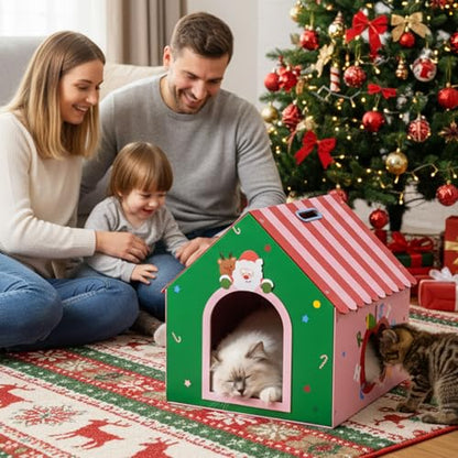 WUGO Cute Cat Scratcher House Cardboard Cat House with 2pcs Scratching Pad 16.5"x16"x17" Reversible Cute Cat House Decorations Scratcher for Kitty Play House for Indoor Cats’ Birthday Cats Red