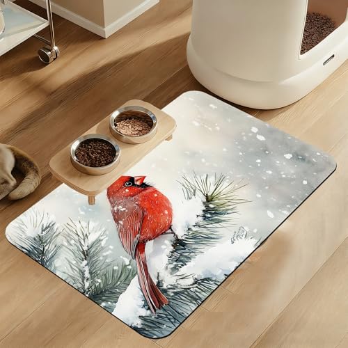 Cardinal Bird Dog Food Mat–Chirstmas Snow Absorbent Quick Dry Feeding Placemat for Food and Water Bowls, Non Slip Rubber Backing, Waterproof Pet Supplies for Mess-Free Eating 16"x24" - color: Cardinal Bird, size: 16"L x 24"W