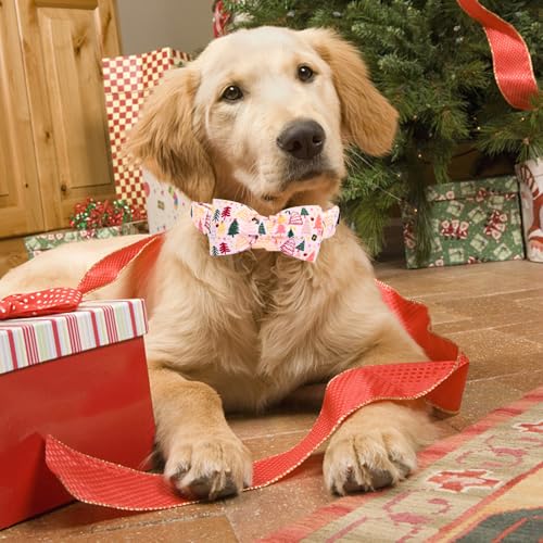 Elegant little tail Christmas Dog Collar, Christmas Tree Pet Collars Bow Pink Metal Buckle Collar Puppy Girl Boy Holiday Cotton Soft Bowtie Adjustable Dog Collar for X-Small Dogs - color: Pink Christmas Tree, size: X-Small (Pack of 1)