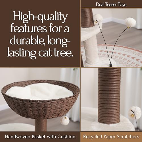 PetPals 5-Level 35" Cat Tree Tower with Paper Handwoven Basket Bed,Multi-Level Climbing Activity Tower with Replaceable Paper Rope Scratching Posts (Cream and Brown) - color: Cream and Brown