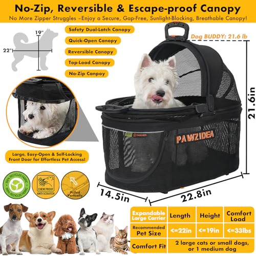 PAWZIDEA Portable Small Dog Crate for Car Travel up to 33lb, Enclosed Dog Car Seat Soft-Sided, Escape-Proof Reversible No-Zip Canopy, Foldable Pet Carrier Seatbelt for Small Medium Puppy & Cats Kennel - color: Full View Mesh, Small/Medium