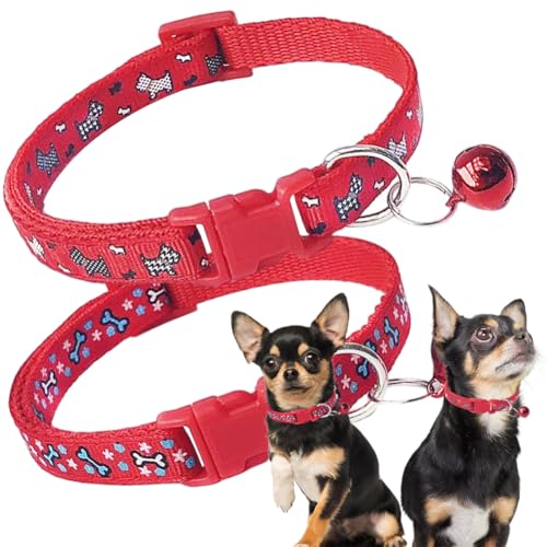 Red XXS Dog Collar with Bell, 2 Pack Puppy Collar with Bell, Nylon Cute Female Cat Collars Adjustable XXSmall XS Little Small Girl's Kitten Dogs - color: Red