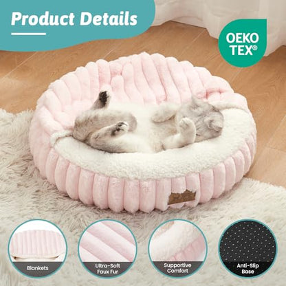 Cat Bed with Hooded Blanket, Round Fluffy Anti-Anxiety Pet Bed for Cats/Toy Breed Dogs, Cozy Donut Cuddler with Machine Washable Faux Fur & Anti-Slip Bottom(20"×20"×6",Pink) - color: Pink, size: 20"×20"×6"