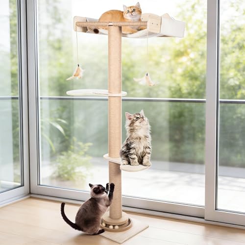 Fantasreen Cat Window Hammock 48" Adjustable Scratching Posts, Multi-Level Window Mounted Cat Tree with Natural Sisal and Track Toys for Large Cats, Climbing, Sunbathing & Bird Watching (Drill-Free)