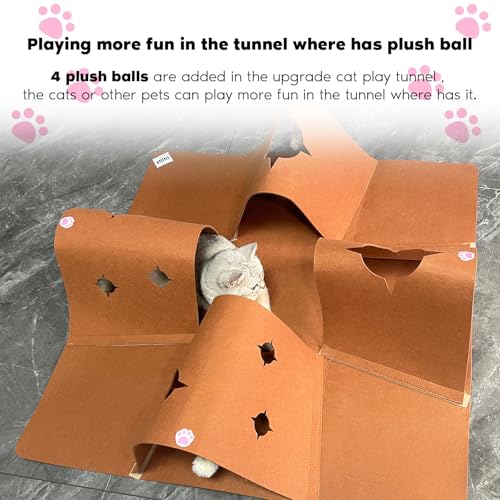 Interactive Cat Tunnel Mat for Indoor Cats, 4-Way Felt Cat Cave with Hanging Ball, Foldable Kitty Play Mat and Hideout, Pet Enrichment Toy for Kittens, Rabbits, Small Pets - color: Brown