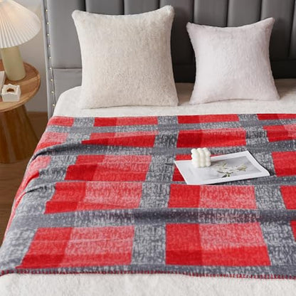 ZYFZCYBL Fleece Throw Blankets for Couch Bulk Lightweight Warm Soft Cozy Blanket 6 Pack Bulk Fleece Blanket Solid for Bed Couch Office Gifts Outdoor 50 x 60 inch （Red and Grey） - color: Plaid (Red and Grey)