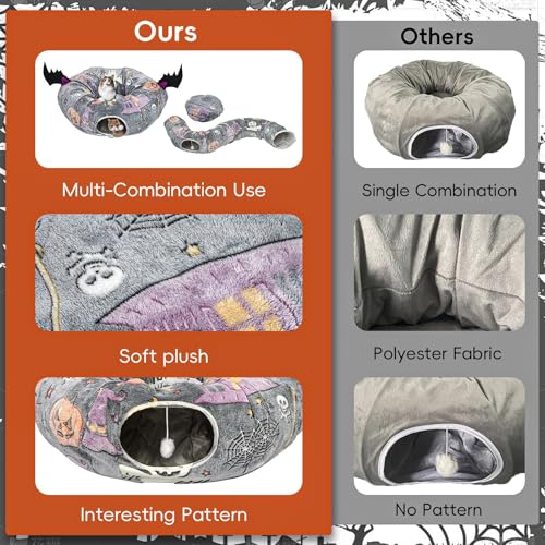 Tidjani Cat Tunnel Bed, Cat Tunnels for Indoor Cats with Bat Wings, Foldable Pet Donut Bed with Middle Mat and Dangling Balls, Pet Play Tunnel Toy with Ghost, Spider Web Pattern for Kittens - style: Gray Bat Wings