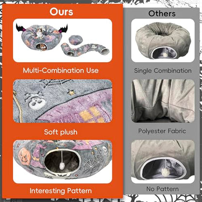 Tidjani Cat Tunnel Bed, Cat Tunnels for Indoor Cats with Bat Wings, Foldable Pet Donut Bed with Middle Mat and Dangling Balls, Pet Play Tunnel Toy with Ghost, Spider Web Pattern for Kittens - style: Gray Bat Wings