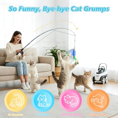 Pawaboo Cat Teaser Wand Toys, Cat Fishing Pole Toy with 3 Pack Feather Refills, 3-Section Retractable Kitten Feather Toys with Pulley, Indoor Cats Teaser Catcher Exerciser with Bell, Blue - color: Plush-Blue