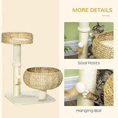 PawHut 28" Elevated Cat Bed with Sisal Scratching Post for Indoor Kitties, Modern Cat Tree with Cute Basket Design, Small Cat Tree with Fun Ball Toy