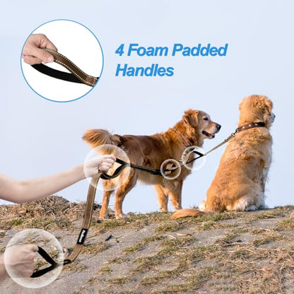 Double Dog Leash, No Tangle Dual Leash, Reflective Walking Training Lead, 4 Comfortable Padded Handles for 2 Dogs with Collapsible Bowl and Waste Bags (Brown, Large) - color: Brown